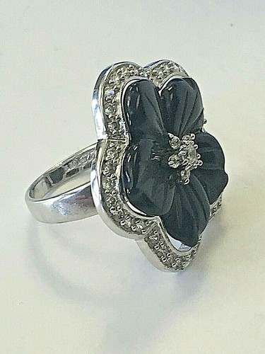 size 9 LADY BEAUTIFUL BLACK ONYX / CZ STONE STAR 925 STERLING SILVER FLOWER RING - Picture 2 of 7