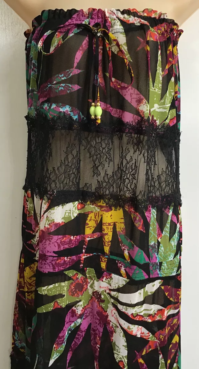 Vanita Rosa Cover-Up Maxi Dress Black Tropical Print Lace/ Nylon