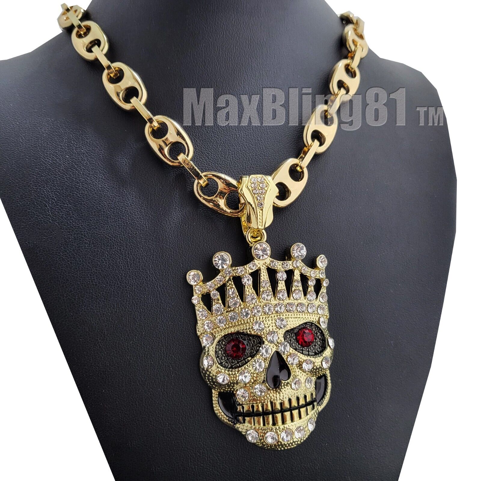 Iced Gold plated Alloy Cubic Zirconia King Skull Pendant & Marina Chain  Necklace