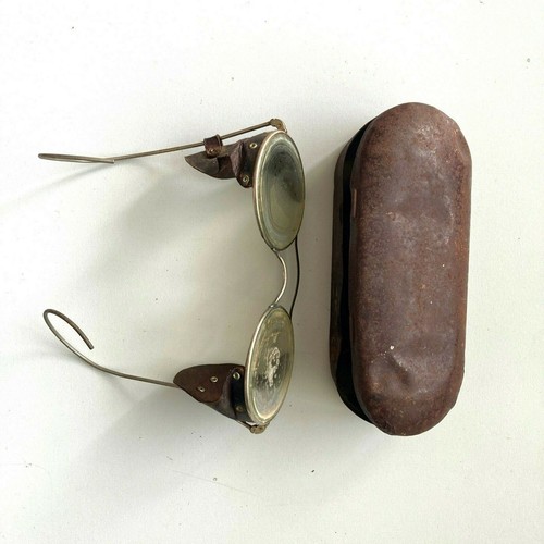 Anciens Lunettes De Motard Avec Protection Latérale En Cuir Verres Rondes - Imagen 2 de 4