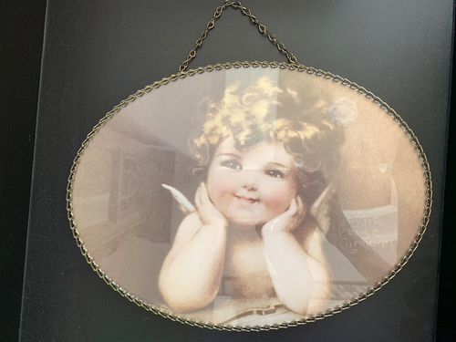 Bessie Pease Gutmann Framed Print Baby Angel Cherub Oval Brass Chain Frame MCM - Picture 8 of 15