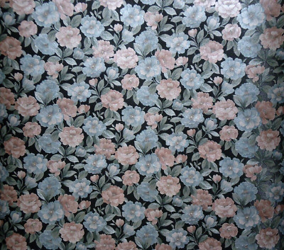 Vintage Satin Blue & Pink Floral on Black Wallpaper by Porcelain Prints 19504
