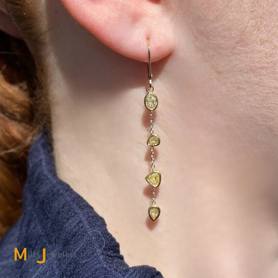 18K Two-Tone Yellow White Gold 1.64ctw Yellow Diamond Dangle Drop Earrings - Image 3 of 4