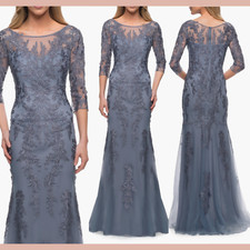 NEW 458 La Femme 4 Illusion Top Tulle Gown with Lace Applique Slate S1646