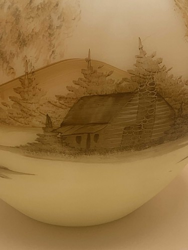 Fenton Satin Custard Hand Painted Log Cabin Series Burmese Ginger Jar Signed by - Picture 7 of 11