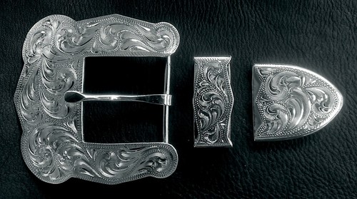 Hand Engraved Silver Belt Buckle Set 