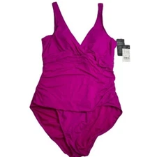 Lauren Ralph Lauren Magenta Beach Club Solid Twist One Piece Swim Suit 14 New