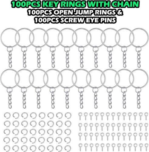 100Pcs Keychain Rings with Chain Open Jump Rings and Screw Eye Pins Silver New - Picture 2 of 11