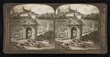Spain Old Bridge of Alcantara and the imposing Alcazar on the cli - Old Photo