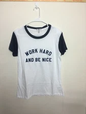 SUB URBAN RIOT Women’s Work Hard and Be Nice Jersey White and Navy Tee Shirt S