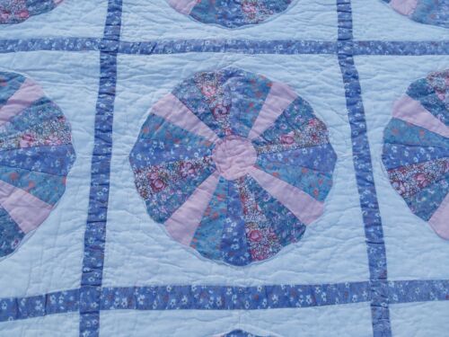 Vintage Patchwork Quilt Dresden Plate Fan Hand Quilted Prarie Points 78x76 - Picture 7 of 13