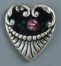 HEART SHAPED, HAND-PAINTED METAL BUTTON WITH FLORAL DESIGN - set of 3