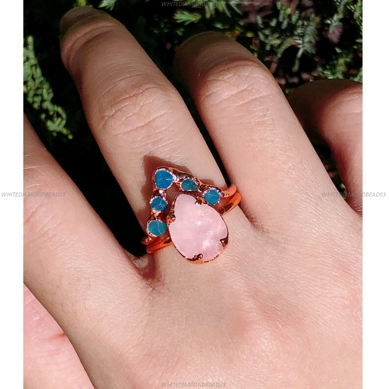 14k Yellow Gold Rose Quartz Raw Apatite Statement Engagement Ring - Main Image