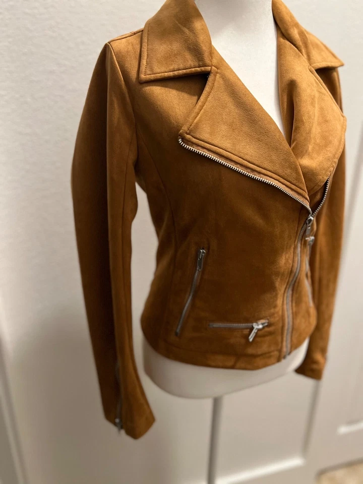 NUEVO SIN ETIQUETAS Rosa Lirio Gamuza Tostado Moto Bomber Motocicleta Cremallera Edgy Chaqueta Pequeña Foto 2 de 4