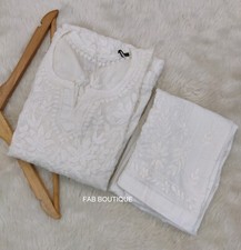 Women White Handmade Mulmul Cotton Kurta Pant Set Lucknowi Chikankari Ethnic Set