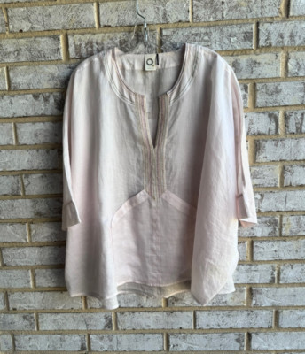 Akemi+Kim Martinique Embroidered 3/4 Sleeve Pocket Tunic Blouse Women's Size M/L
