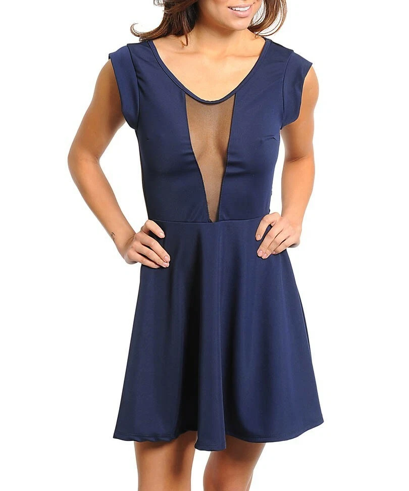 Sexy Navy Blue Cleavage Mesh Bust Sheer Back Darted Fit N Flare Mini Dress  Y2K