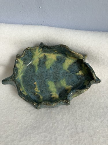 Art Pottery Leaf Trinket Dish.Blue,Green,Green, Yellow Glaze - Picture 1 of 5