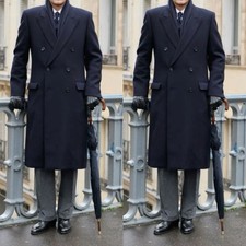 Navy Blue Cashmere Men's Overcoat Peak Lapel Double Breasted Long Jacket Coats