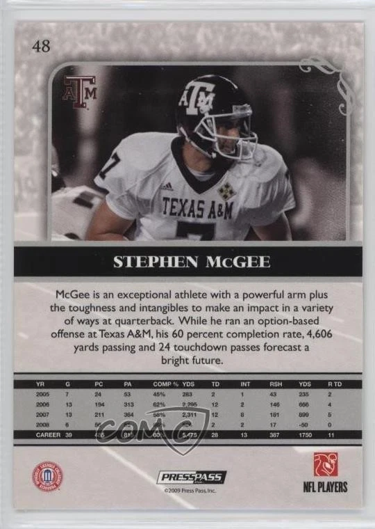 2009 Press Pass Legends Silver Holofoil /299 Stephen McGee #48 Rookie RC - Image 2 of 2