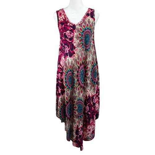 Pink Peacock Mandala Sleeveless V-Neck Asymmetric Midi Shift Dress Standard Size