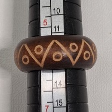 Vintage Hand Carved Wooden Ring Boho Geometric Zig Zag Inlay Band Size 6.5