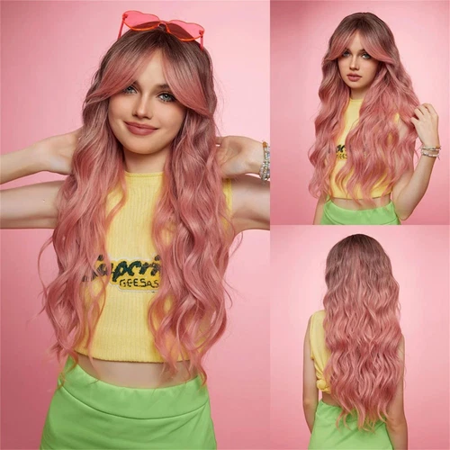 26 Inch Long Curly Full Wigs Pink Brown Wavy Hair Women Cosplay Wave Full Wigs