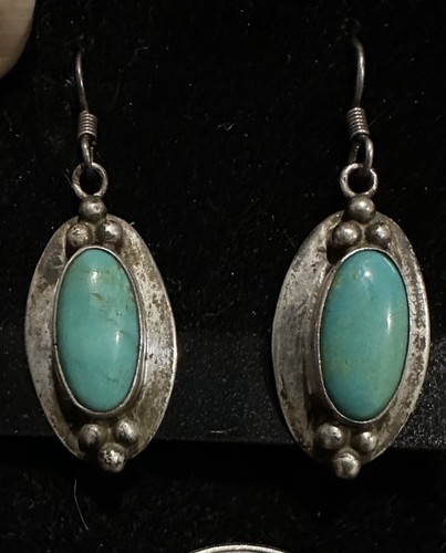 Native American Sterling Silver Turquoise Oval Cabochon Earrings Navajo Western