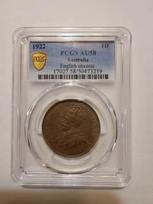 Australia 1922 1 Penny English Obverse,  PCGS AU 58
