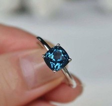 Handmade London Blue Topaz Ring: 925 Sterling Silver Cushion Cut Wedding Ring