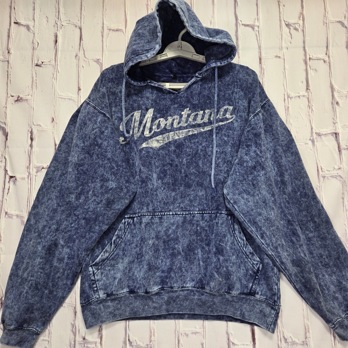Austins Inc Montana Hoodie Mens Sz M Blue Acid Wash Graphic Pullover Sweatshirt