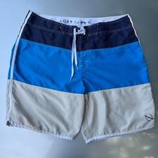 Blue and white 2000s Lost Surfboards swim trunks