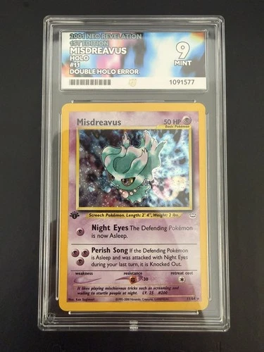 Misdreavus 11/64 1st Edition DOUBLE HOLO ERROR POP 1 - ACE 9 Mint - Neo Rev