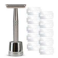 Double Edge Razor with 10 Blades and Stand Single Blade Razors for Men and Women