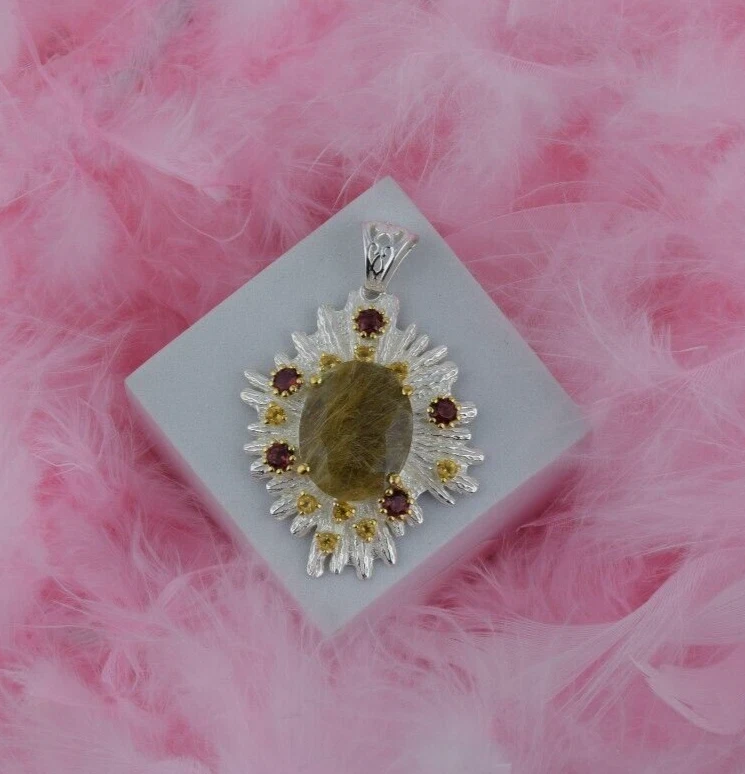 Ciondolo quarzo rutilato dorato naturale granato citrino gioielli in... - Immagine 2 di 4