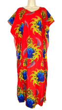 Vintage 1990s red floral caftan maxi dress S M muumuu blue yellow batwing resort