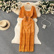 Retro French Style Womens Square Neck Lace Hollow Out Mid Long Pencil Dress Slim