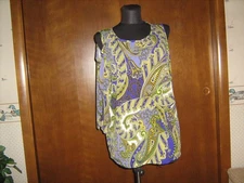 Susan Graver Purple Gold Green Paisley  BLOUSE L scoop nk lng sl open shoulder
