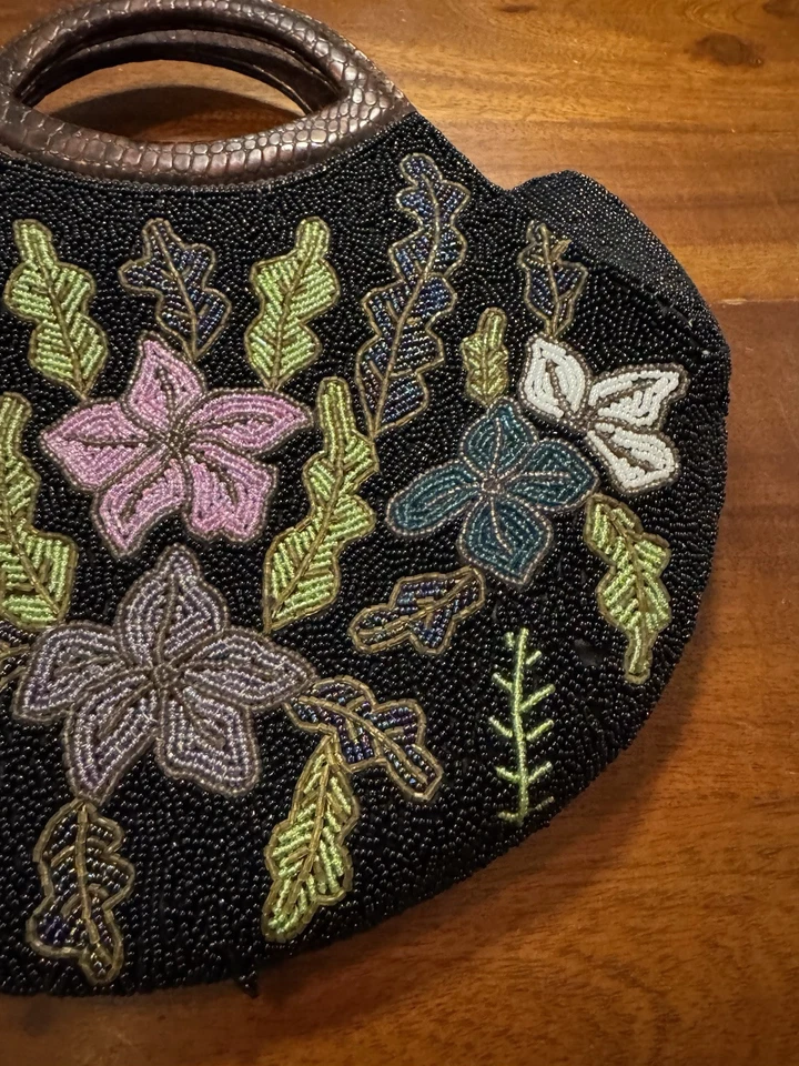 Vintage Beverly Hills Bag Lady Black Retro Beaded Floral Handbag Purse  - Image 3 of 4