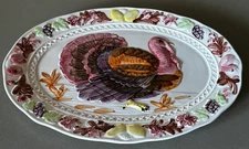 Vintage Large Raised Ceramic Colorful Turkey Platter Japan 18.5" x 14.25" EXC!