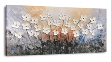 Hand-Painted Oil Painting on Canvas Textured White Floral Wall Art Modern Hor...