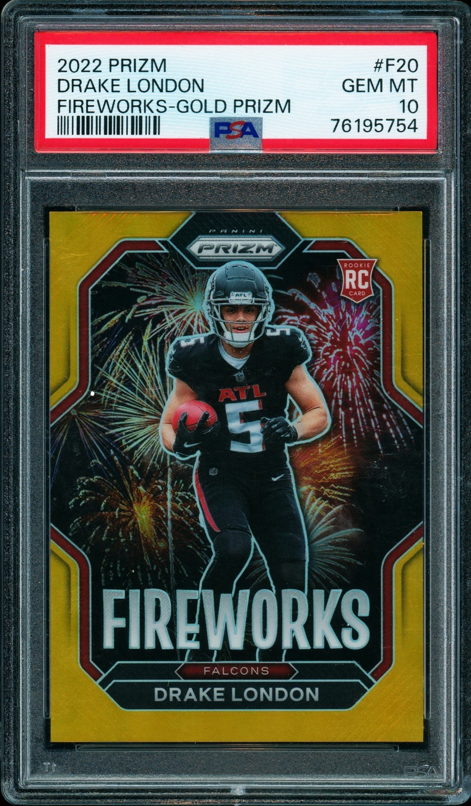 2022 PRIZM #F20 DRAKE LONDON ROOKIE FIREWORKS GOLD PRIZM #4/10 PSA 10
