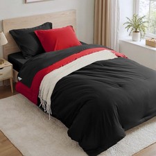 Anluoer Black and Red Twin Comforter Set 5 Pieces Bed in a Bag Sheets All Season
