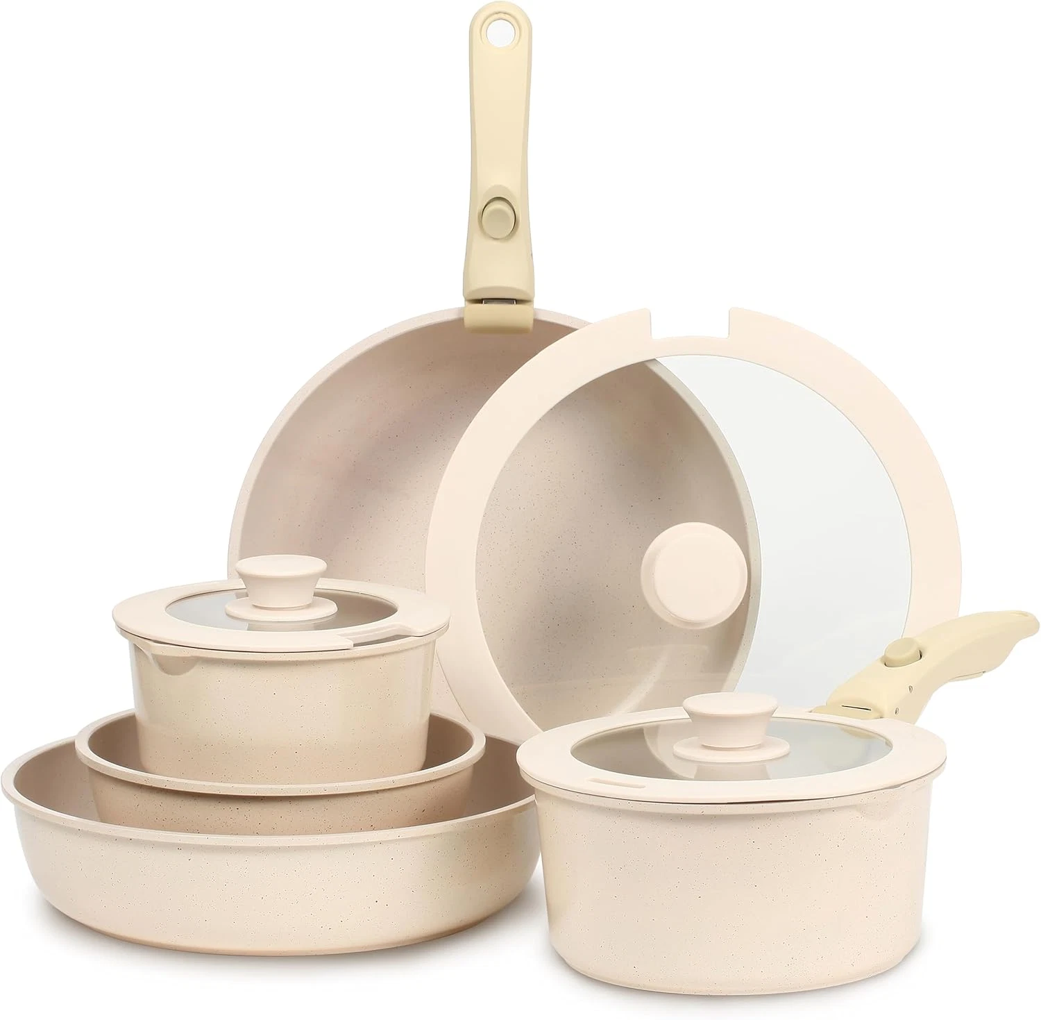 Nonstick Ceramic Cookware Set, 10 Pcs, Detachable Handle, White