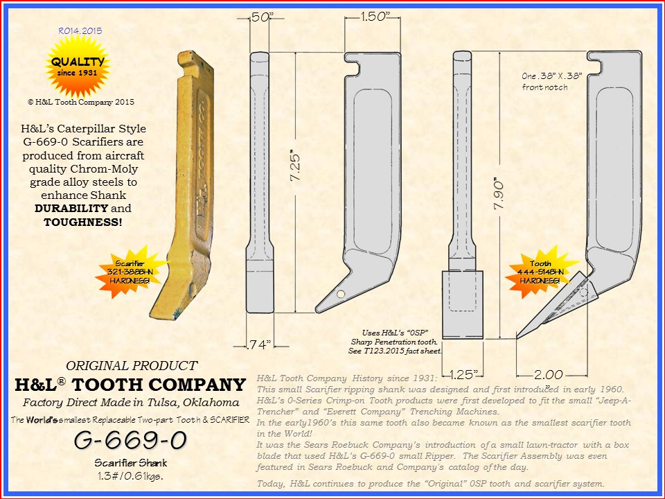 G6690 Scarifier Ripper Shank + Tooth by H&L Tooth Co. Use with Small ...