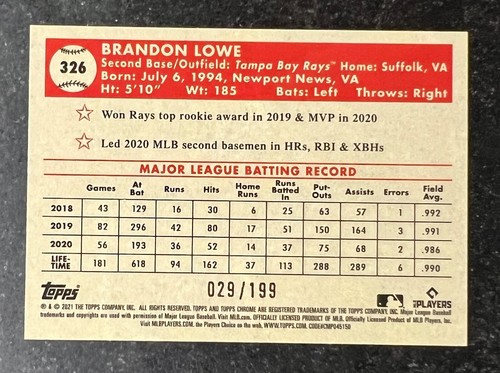 2021 Topps Chrome Platinum Anniversary Blue Mini Diamond Brandon Lowe 29/199 - 第 2/2 張圖片