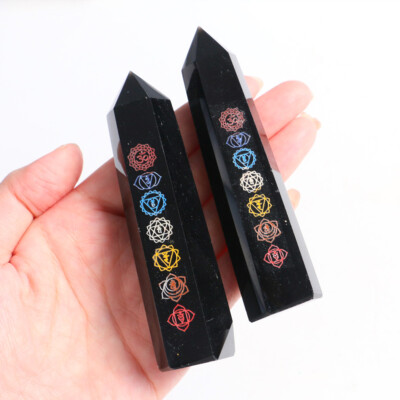 1X Natural Chakra Obsidian Quartz Obelisk Crystal Wand Tower Point Reiki Healing