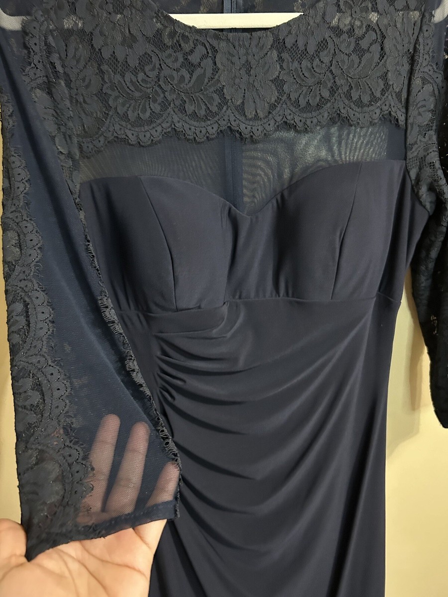XSCAPE Womens Dress Navy Blue Lace-Sleeve Side-Ruched Ruffle Gown Size 16 |  eBay