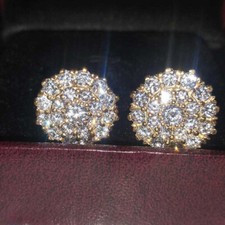 1 Ct Round Diamond Cluster Bridal Studs Wedding Earrings 14K Yellow Gold Finish