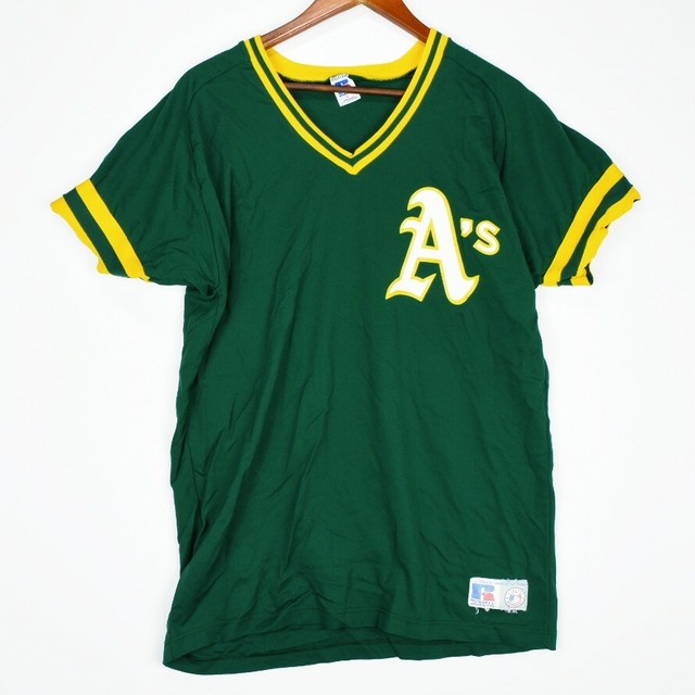 Vintage Russell Athletic A's 3 Nameless Large Green V Neck Jersey Made